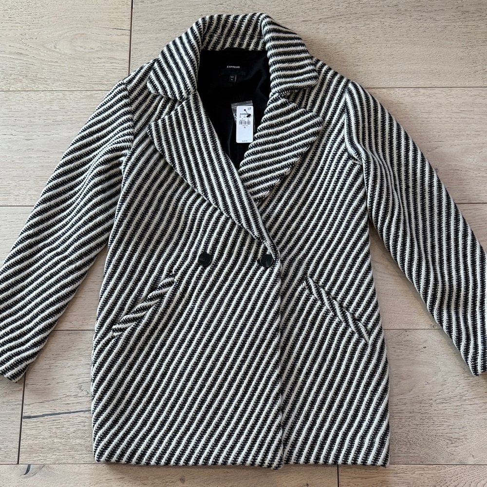 Express Double Breasted Pea Coat in Black/White Stripe Size XS NWT